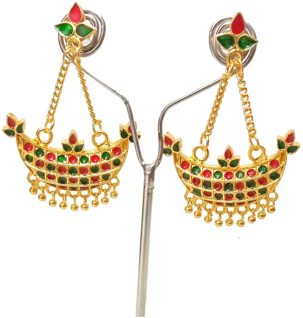 Assamese_Traditional_Copper_Gold_Plated_Red_Green_Colour_Jhumki_Earring_For_Girls_&_Women